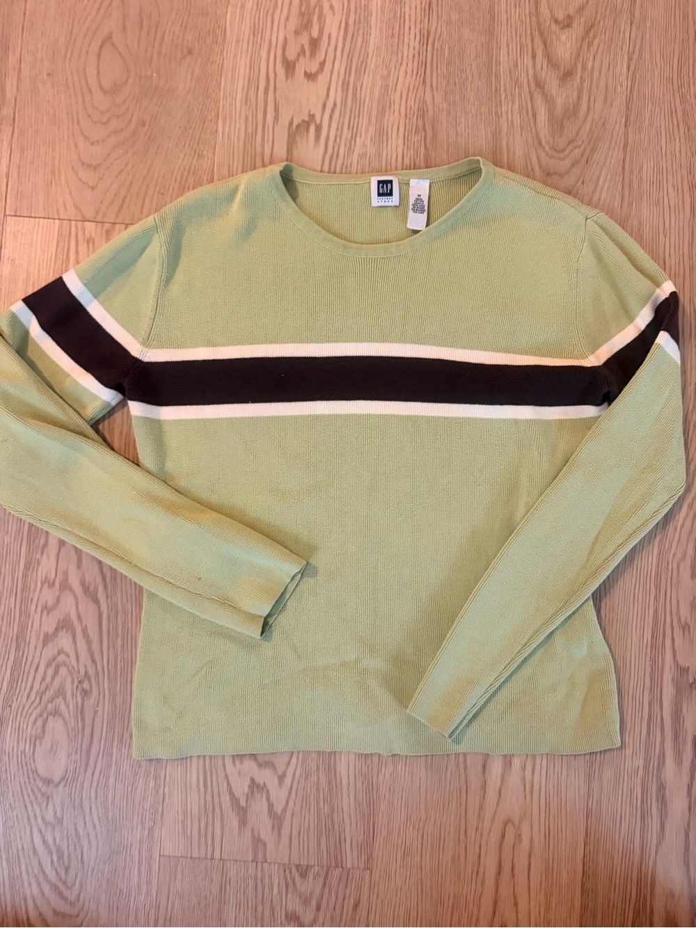 GAP 100% Cotton Light Green & Brown Stripe Crewneck Sweater
